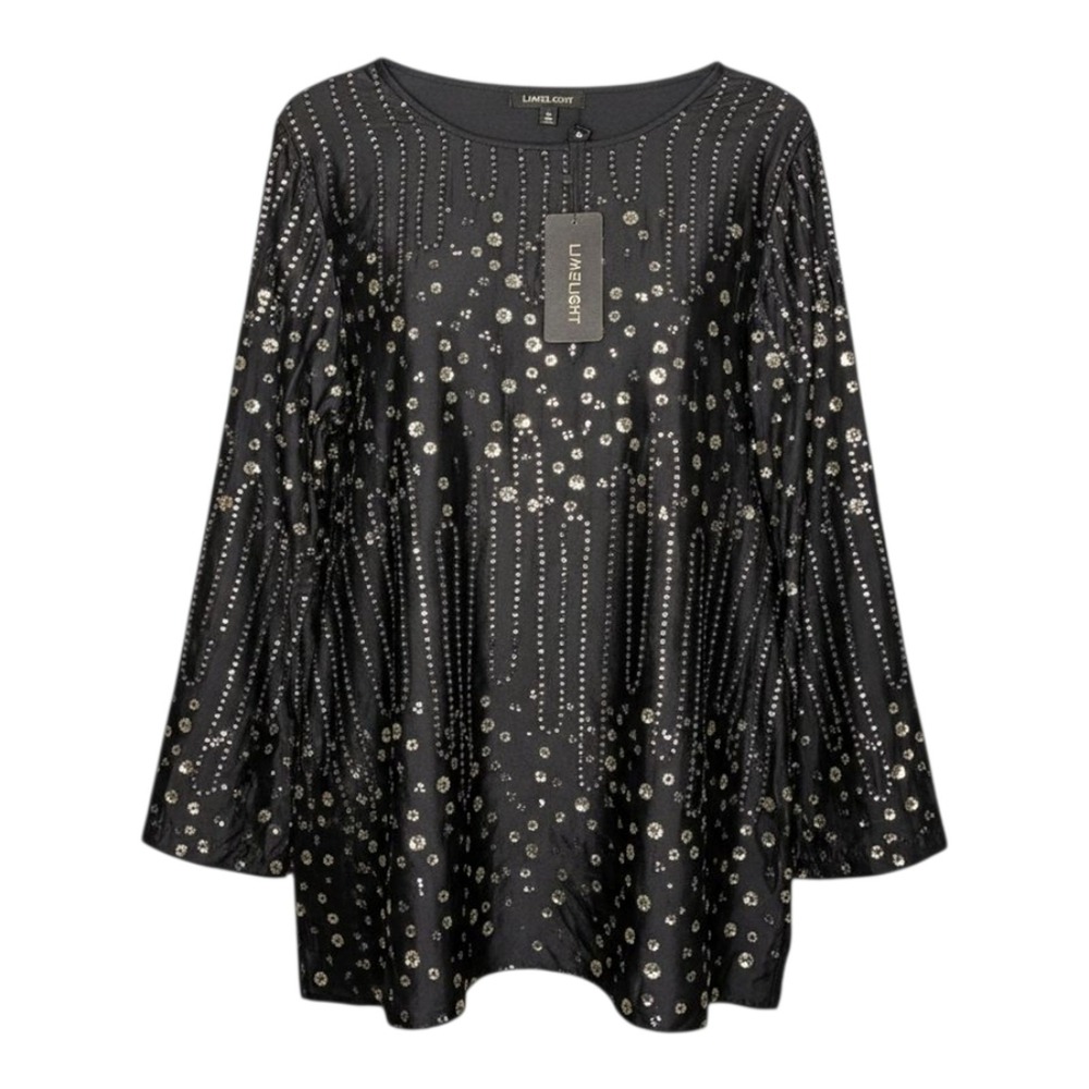 Limelight Black Silver Sequin Studded Shimmer Boho Flare Sleeve Blouse Medium